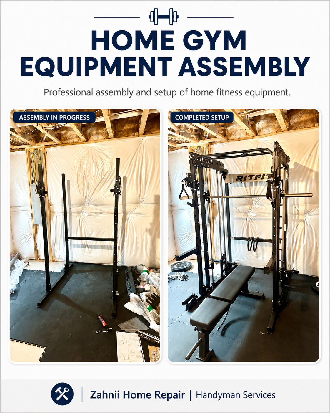 Home gym equipment assembly project by Zahnii Home Repair